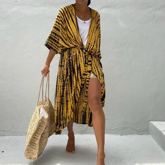 Mustard Yellow Tie Dye Boho Swim Coverup Kimono Robe - Picture 2 of 6